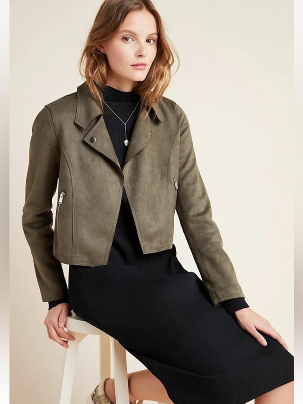 Anthropologie Khaki Green Kelyn Sueded Moto Jacket- Size S